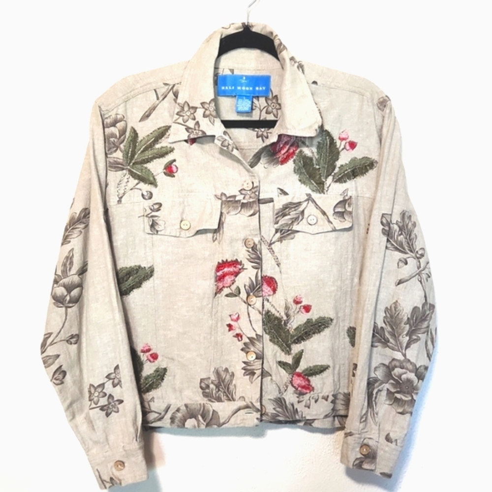 Half Moon Bay Linen & Cotton Floral Beaded Lightweight Jacket Size Large